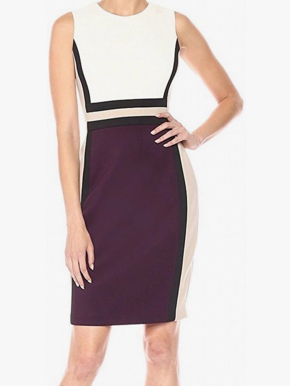 Calvin Klein White, Cream & Plum Colorblock Sheath Dress